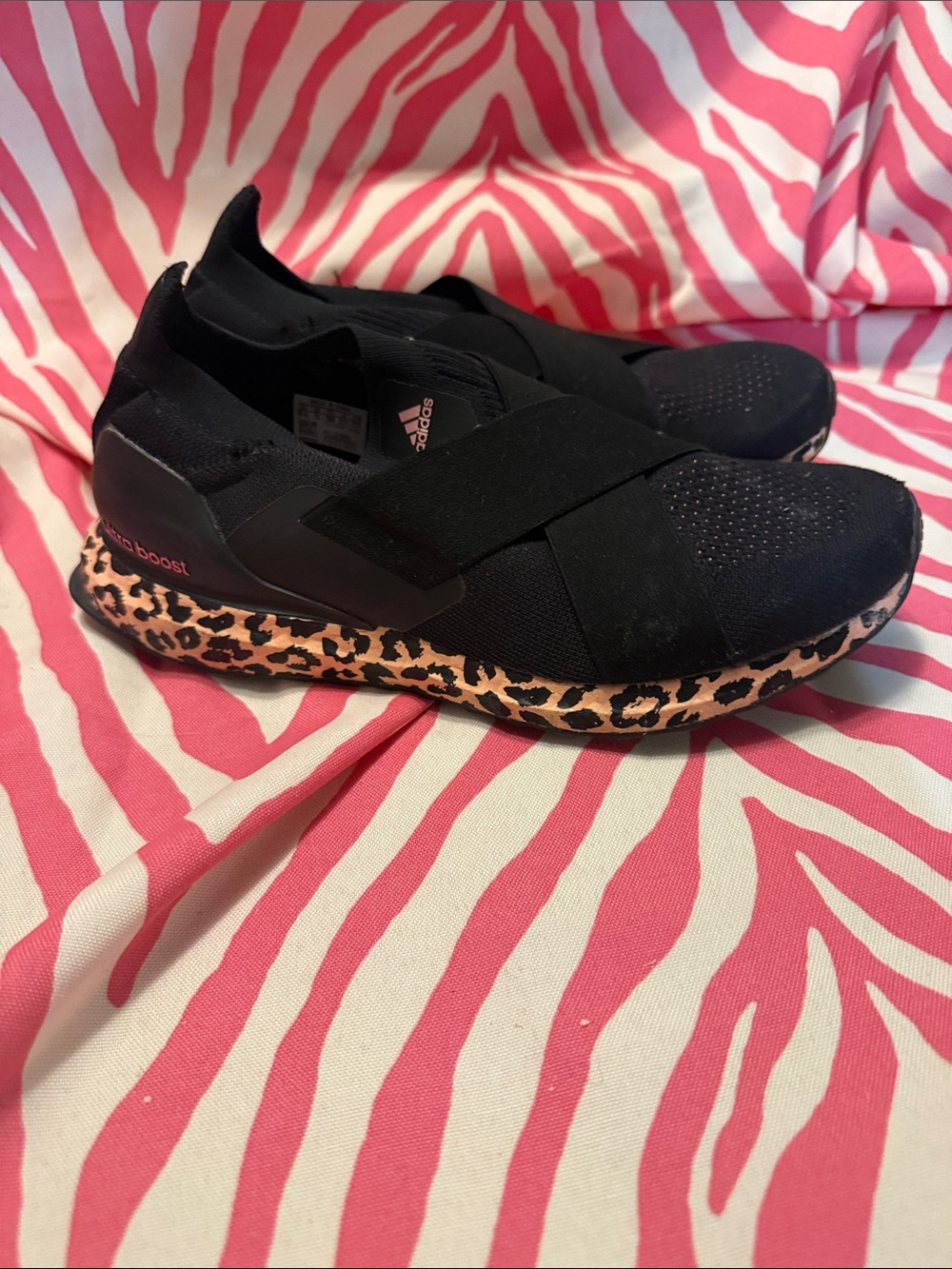 adidas Black Slip-On Athletic Shoes with Leopard-Print Midsole